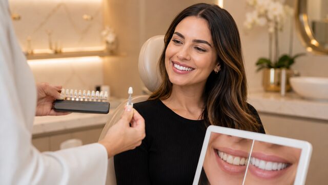 Sorriso clareado e uniforme de paciente durante planejamento de lentes de contato dental em Barueri
