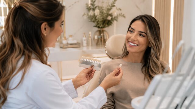 Comparação de tonalidade dental em escala de cor durante decisão entre clareamento e lentes de contato em Barueri