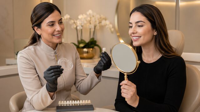 Dentista em Barueri conduzindo clareamento dental supervisionado antes de reabilitação estética do sorriso