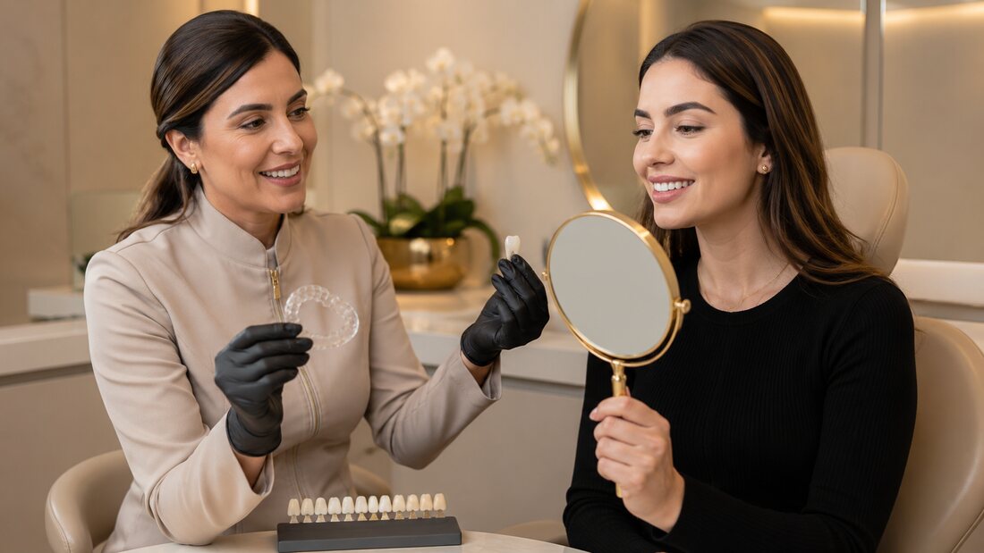 Dentista em Barueri conduzindo clareamento dental supervisionado antes de reabilitação estética do sorriso