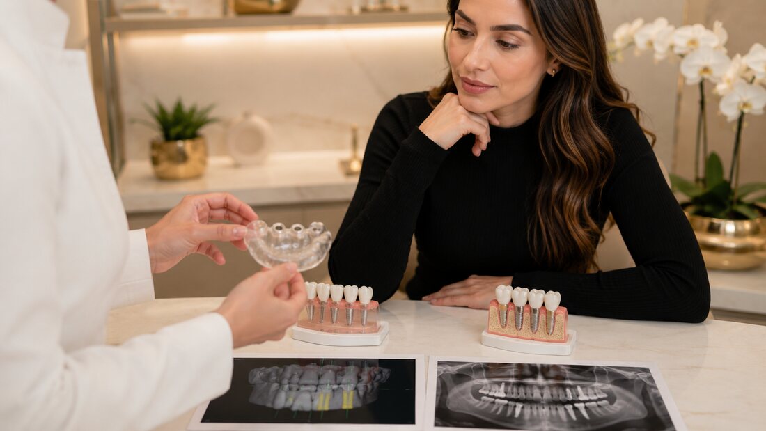 Dentista em Barueri demonstrando guia cirúrgico utilizado no procedimento de implante dentário guiado