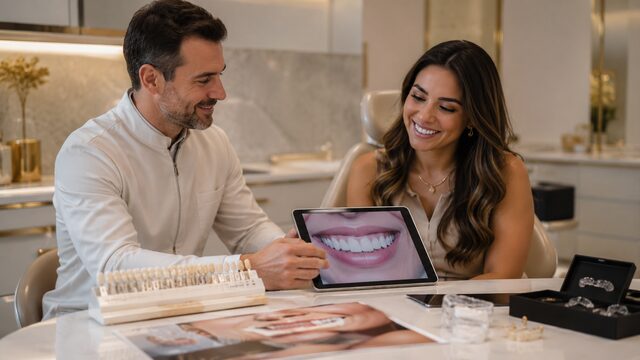 Faceta de porcelana sendo avaliada para correção de cor e formato de dente em consultório em Barueri