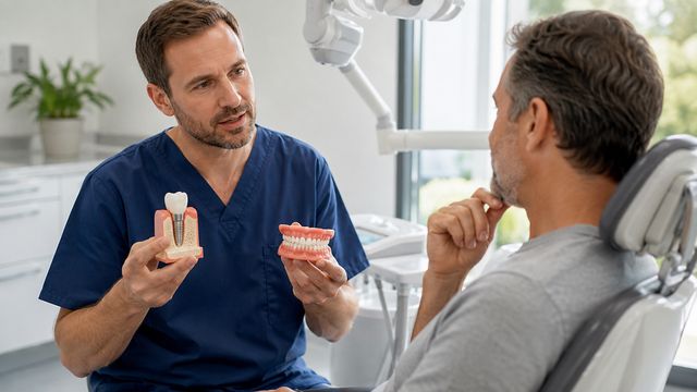Dentista em Barueri apresentando modelo de implante dentário e prótese para comparar opções de substituição de dentes perdidos