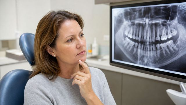 Paciente analisando raio-X panorâmico para avaliação de implantes dentários em consultório em Barueri