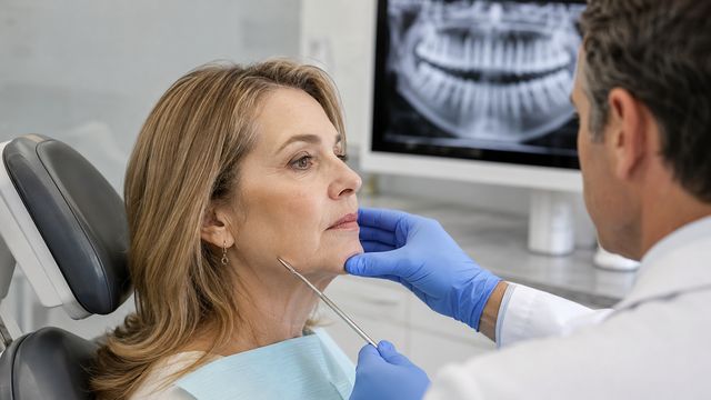 Dentista em Barueri avaliando o rosto e a mordida de paciente com sinais de envelhecimento facial, com raio-X panorâmico ao fundo