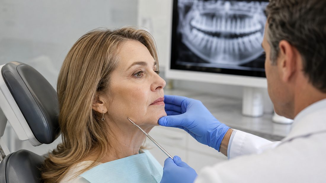 Dentista em Barueri avaliando o rosto e a mordida de paciente com sinais de envelhecimento facial, com raio-X panorâmico ao fundo