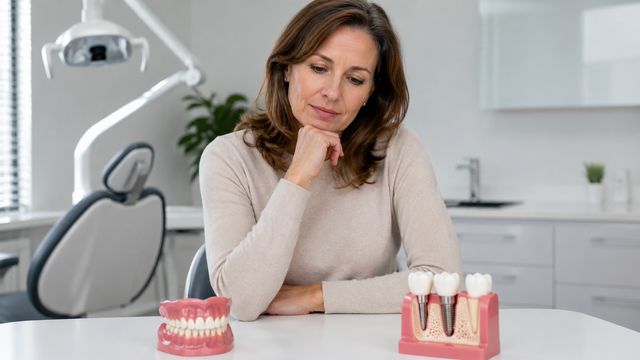Paciente observando modelo de implante dentário com osso exposto durante consulta sobre perda óssea em Barueri