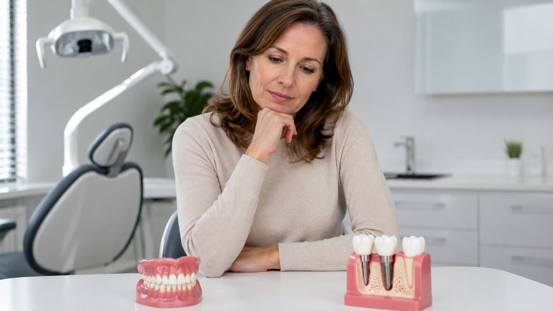 Paciente observando modelo de implante dentário com osso exposto durante consulta sobre perda óssea em Barueri