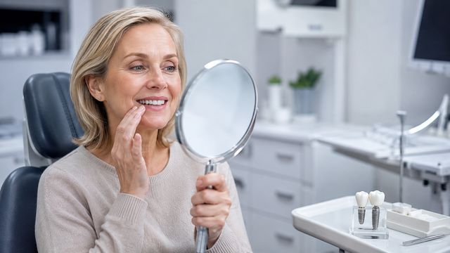 Dentista em Barueri explicando reabilitação oral com modelo de implante e arcada dentária para paciente com dentes desgastados